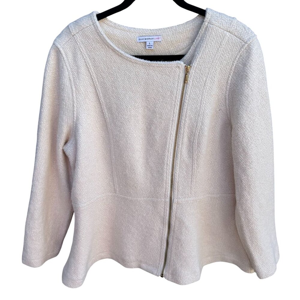Isaac Mizrahi Womens Winter White Wool Blend Zip-Up‎ Boucle Peplum Moto Jacket L